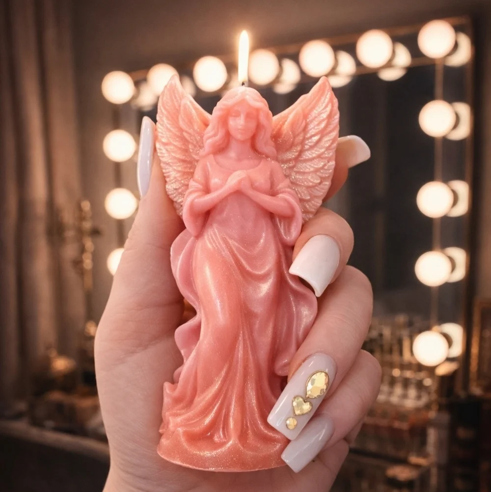3pc Pink Shimmer Beeswax Devotional Candle Set – Cross, Virgen & Angel (7oz)